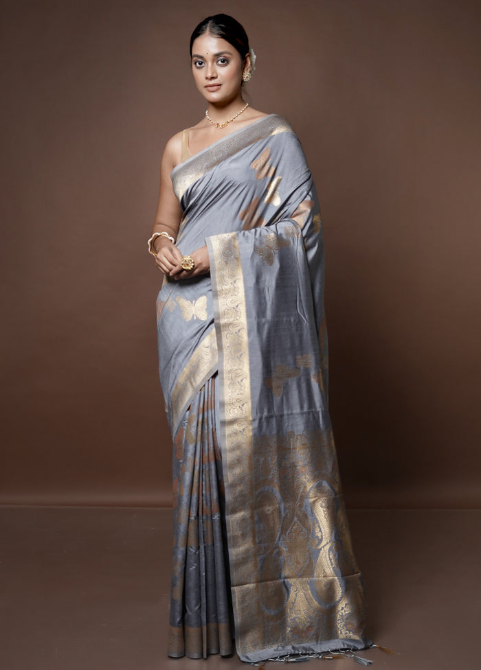 Grey Dupion Silk Saree With Blouse Piece