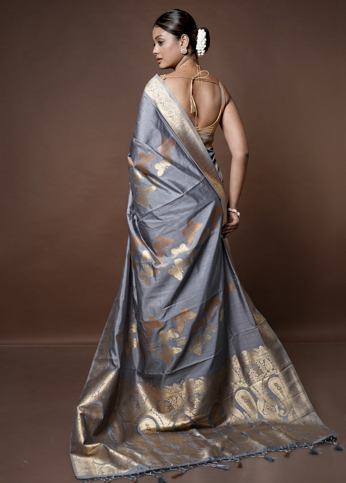 Grey Dupion Silk Saree With Blouse Piece