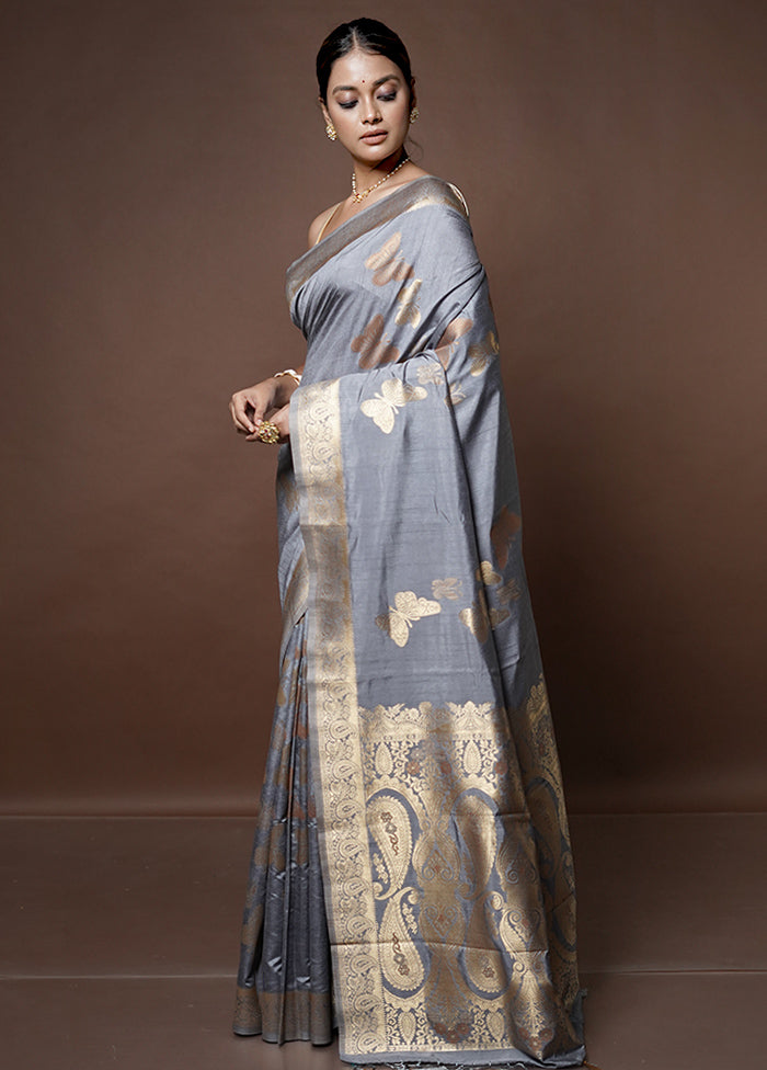 Grey Dupion Silk Saree With Blouse Piece