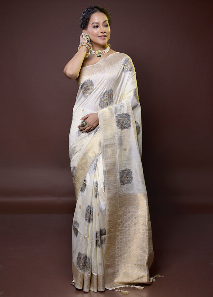 White Dupion Silk Saree With Blouse Piece