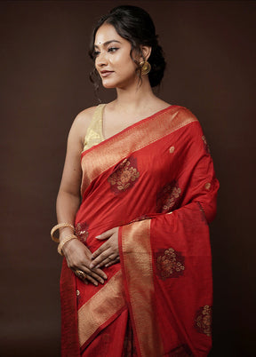 Red Dupion Silk Saree With Blouse Piece - Indian Silk House Agencies