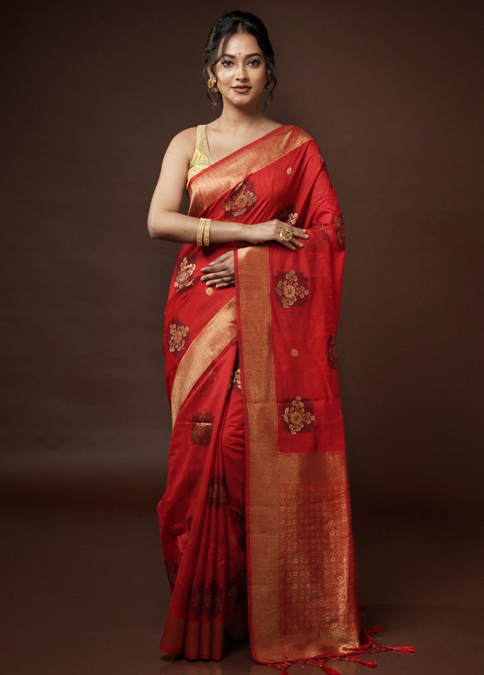 Red Dupion Silk Saree With Blouse Piece - Indian Silk House Agencies