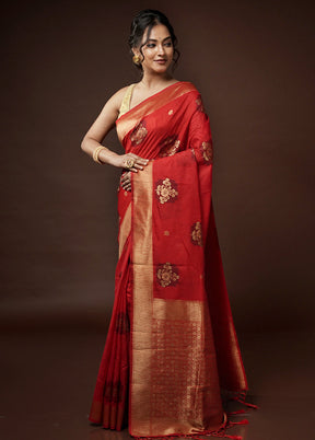 Red Dupion Silk Saree With Blouse Piece - Indian Silk House Agencies