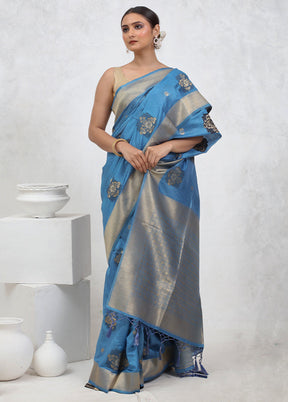 Blue Dupion Silk Saree With Blouse Piece