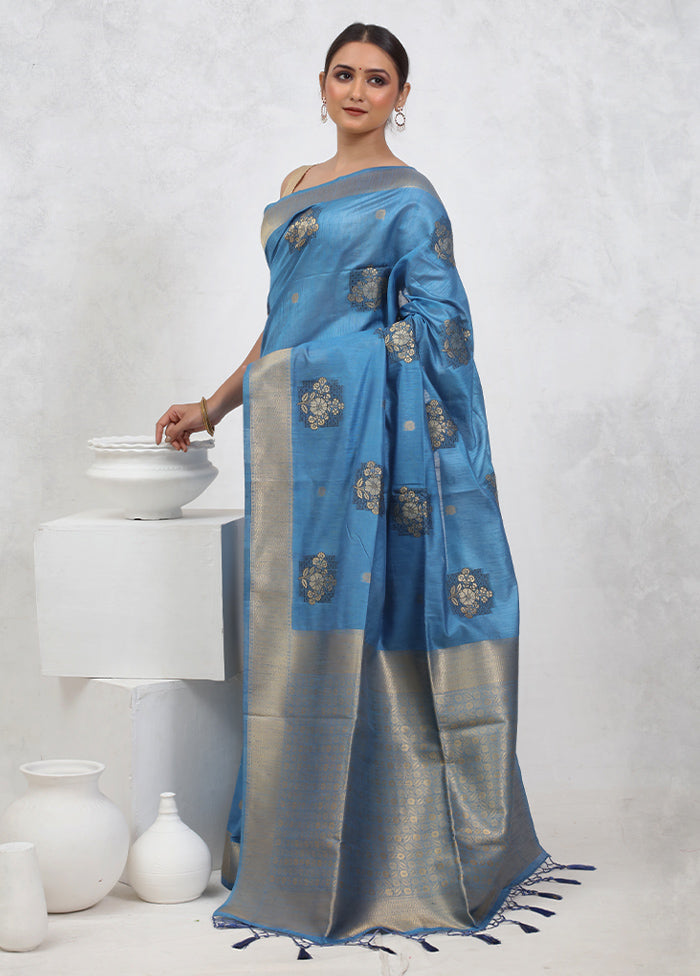 Blue Dupion Silk Saree With Blouse Piece