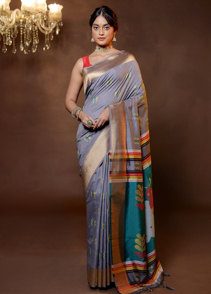 Grey Dupion Silk Saree With Blouse Piece