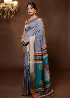 Grey Dupion Silk Saree With Blouse Piece