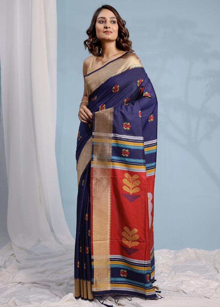 Blue Dupion Silk Saree With Blouse Piece - Indian Silk House Agencies