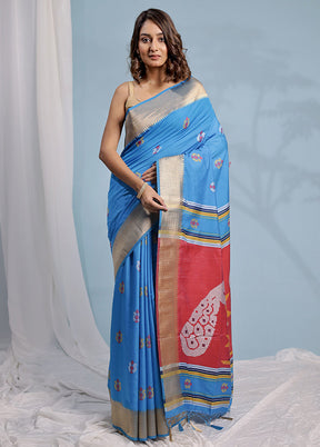 Blue Dupion Silk Saree With Blouse Piece - Indian Silk House Agencies