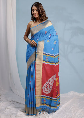 Blue Dupion Silk Saree With Blouse Piece - Indian Silk House Agencies