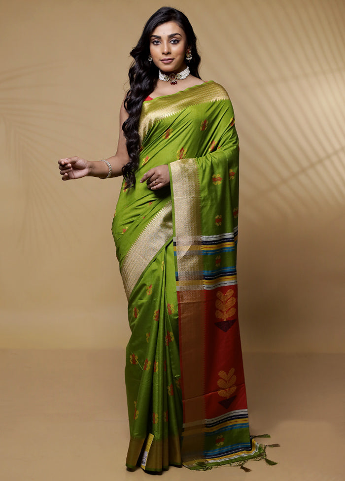 Green Dupion Silk Saree Without Blouse Piece - Indian Silk House Agencies