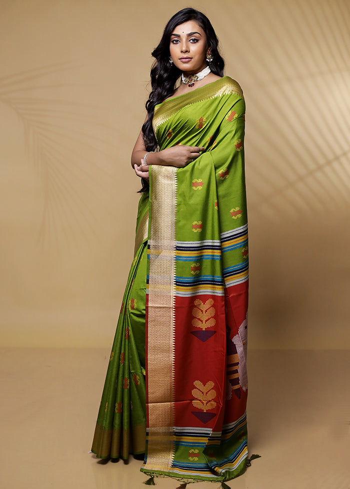 Green Dupion Silk Saree Without Blouse Piece - Indian Silk House Agencies