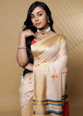 Cream Dupion Silk Saree Without Blouse Piece - Indian Silk House Agencies