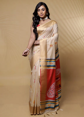 Cream Dupion Silk Saree Without Blouse Piece - Indian Silk House Agencies