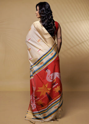 Cream Dupion Silk Saree Without Blouse Piece - Indian Silk House Agencies