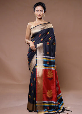 Black Dupion Silk Saree With Blouse Piece - Indian Silk House Agencies