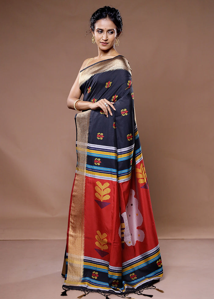 Black Dupion Silk Saree With Blouse Piece - Indian Silk House Agencies