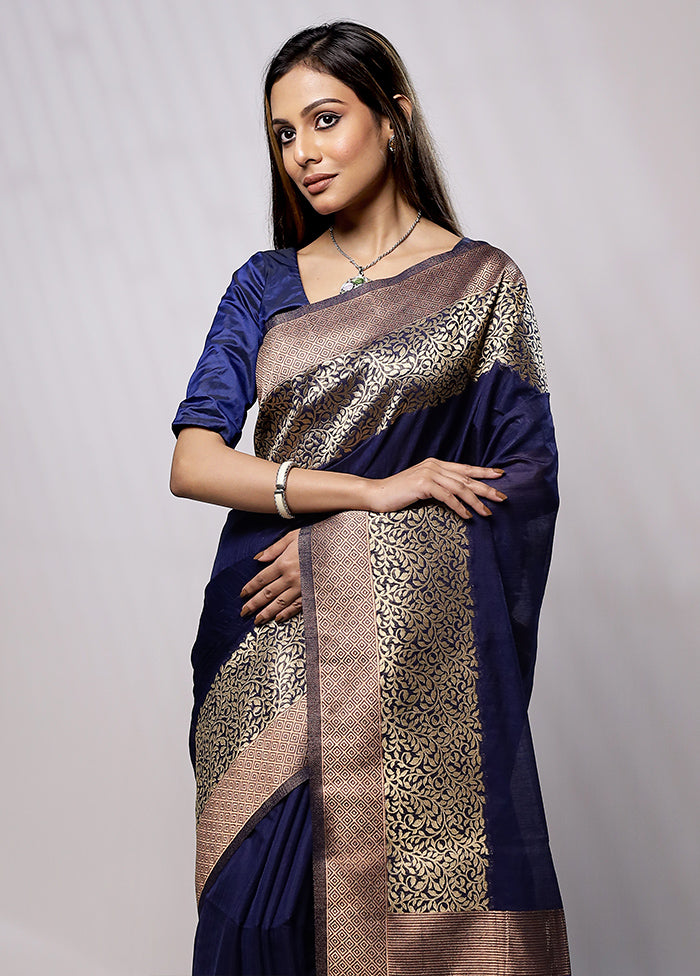 Blue Dupion Silk Saree With Blouse Piece