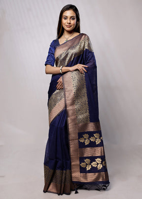 Blue Dupion Silk Saree With Blouse Piece