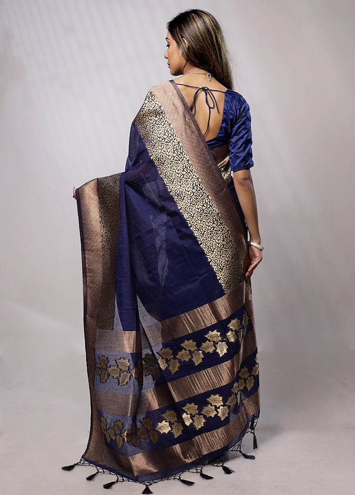 Blue Dupion Silk Saree With Blouse Piece