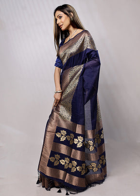 Blue Dupion Silk Saree With Blouse Piece