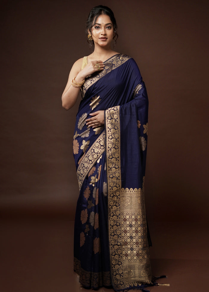 Blue Dupion Silk Saree With Blouse Piece - Indian Silk House Agencies