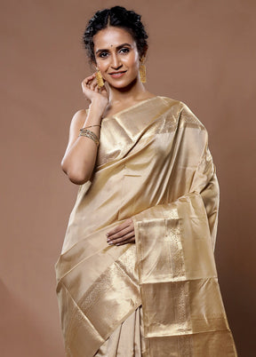 Cream Kanjivaram Pure Silk Saree With Blouse Piece - Indian Silk House Agencies