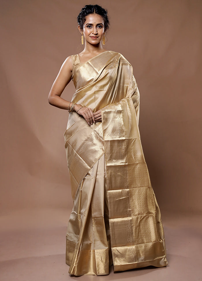 Cream Kanjivaram Pure Silk Saree With Blouse Piece - Indian Silk House Agencies