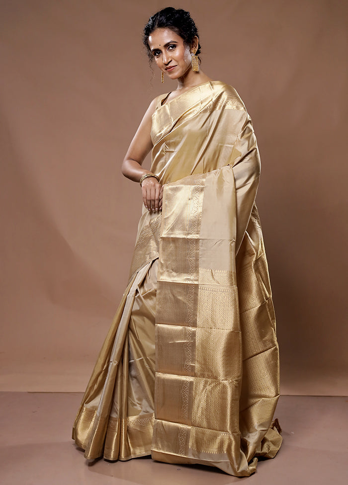 Cream Kanjivaram Pure Silk Saree With Blouse Piece - Indian Silk House Agencies