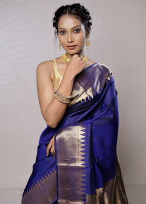 Blue Kanjivaram Pure Silk Saree With Blouse Piece