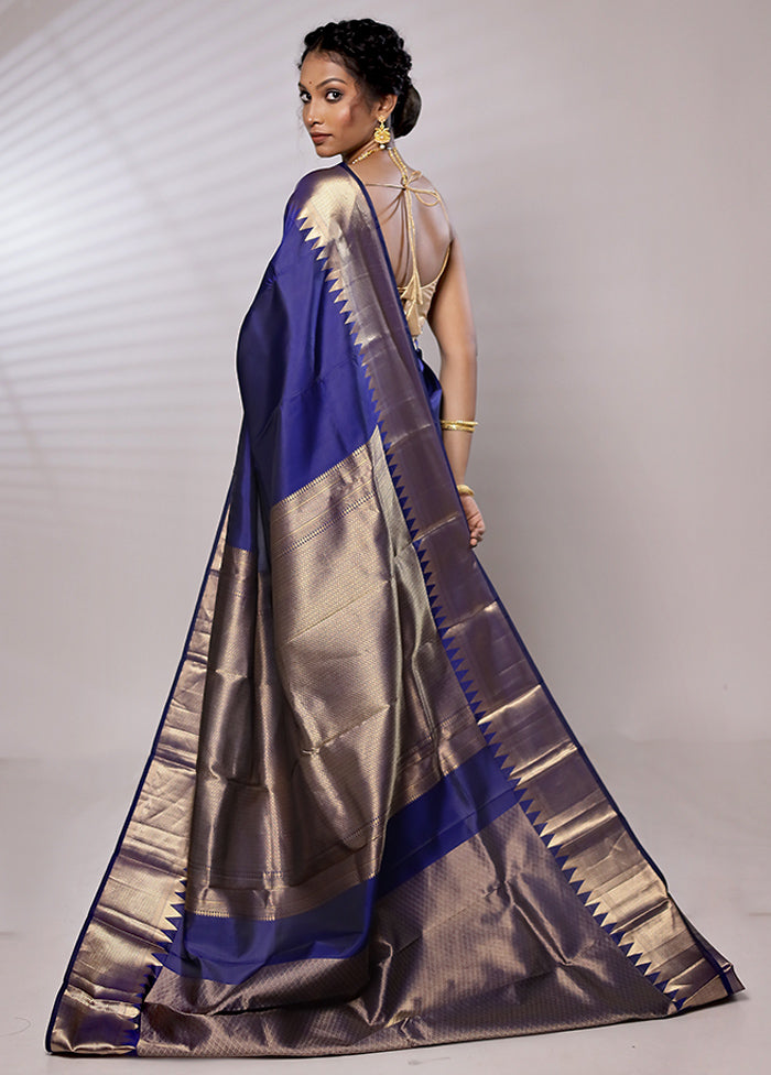 Blue Kanjivaram Pure Silk Saree With Blouse Piece