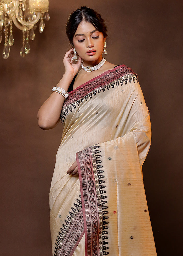 Cream Dupion Silk Saree With Blouse Piece