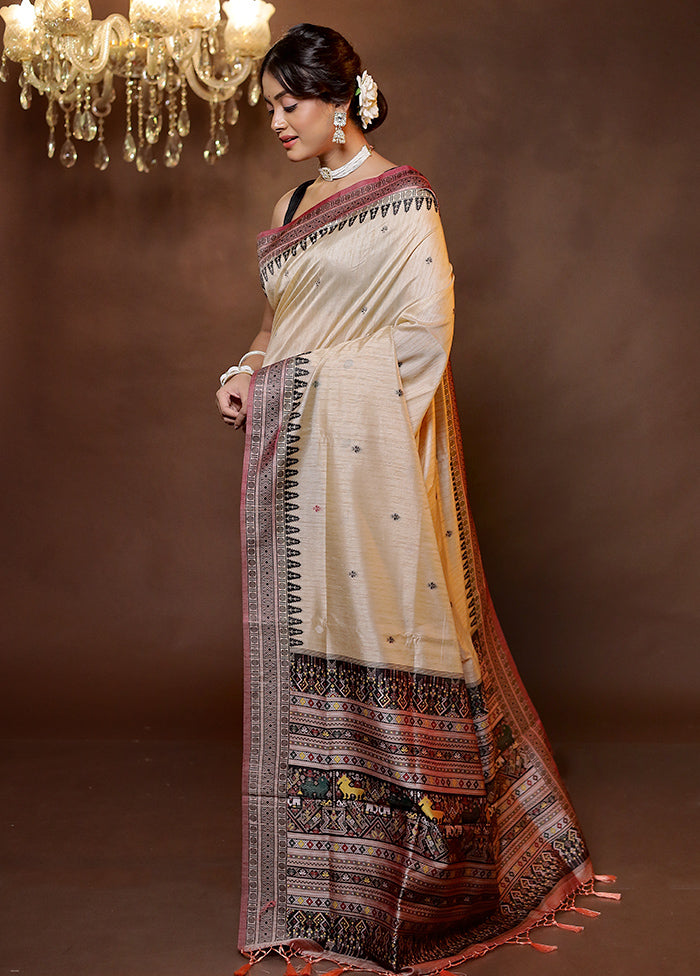 Cream Dupion Silk Saree With Blouse Piece