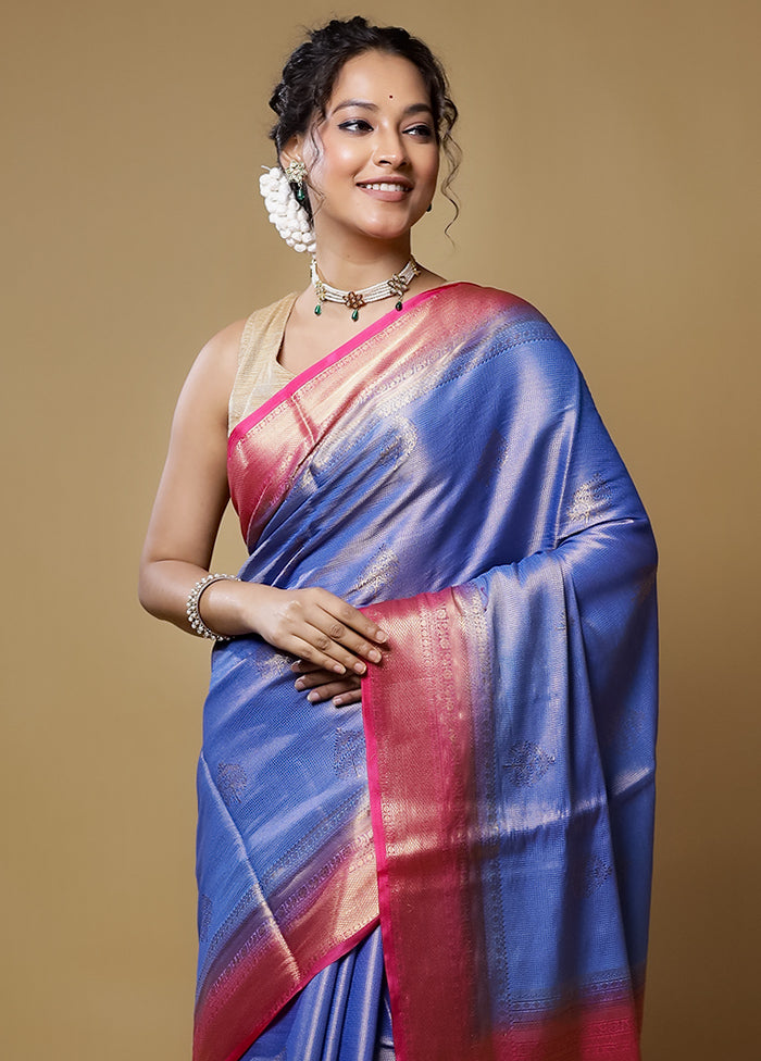 Blue Dupion Silk Saree With Blouse Piece