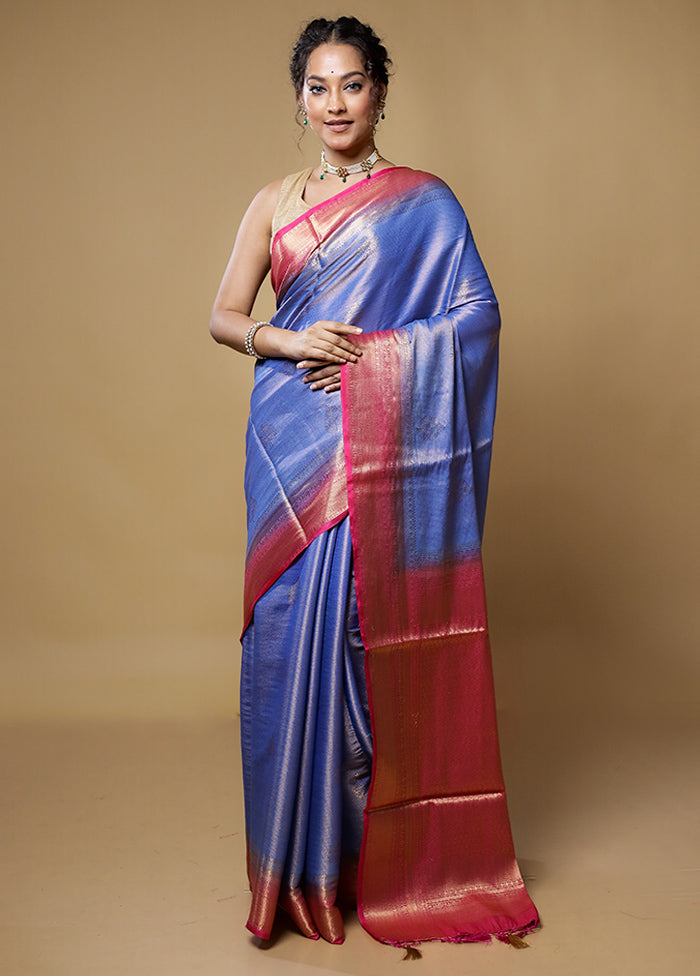 Blue Dupion Silk Saree With Blouse Piece