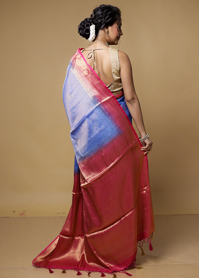 Blue Dupion Silk Saree With Blouse Piece