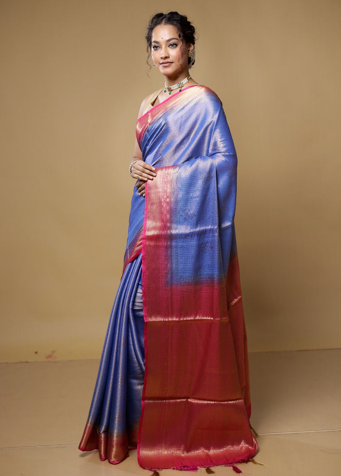 Blue Dupion Silk Saree With Blouse Piece