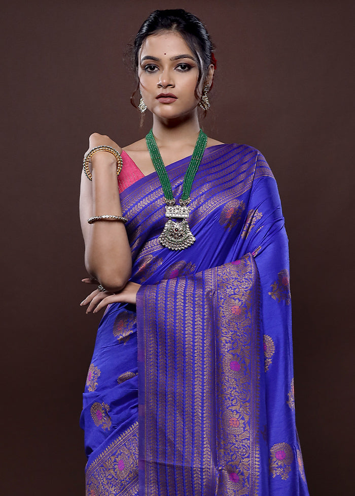 Blue Dupion Silk Saree Without Blouse Piece - Indian Silk House Agencies