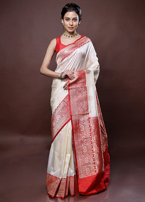 Cream Katan Pure Silk Saree Without Blouse Piece - Indian Silk House Agencies