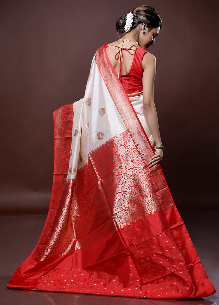 Cream Katan Pure Silk Saree Without Blouse Piece - Indian Silk House Agencies