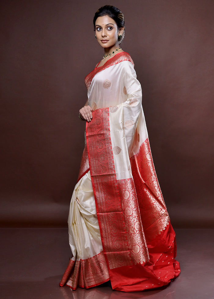 Cream Katan Pure Silk Saree Without Blouse Piece - Indian Silk House Agencies