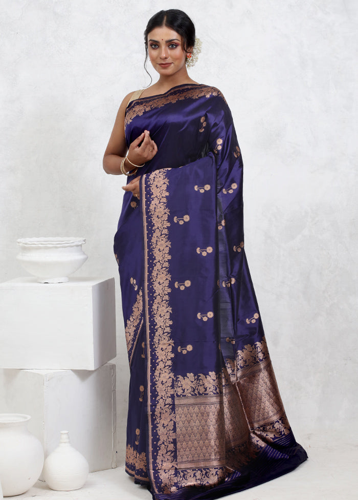 Blue Katan Pure Silk Saree With Blouse Piece