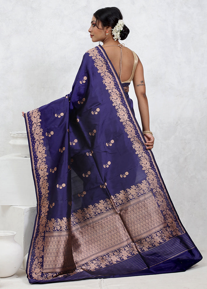 Blue Katan Pure Silk Saree With Blouse Piece