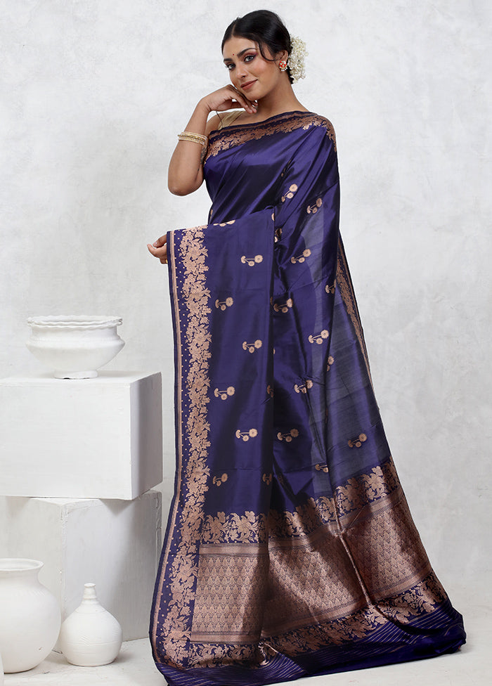 Blue Katan Pure Silk Saree With Blouse Piece