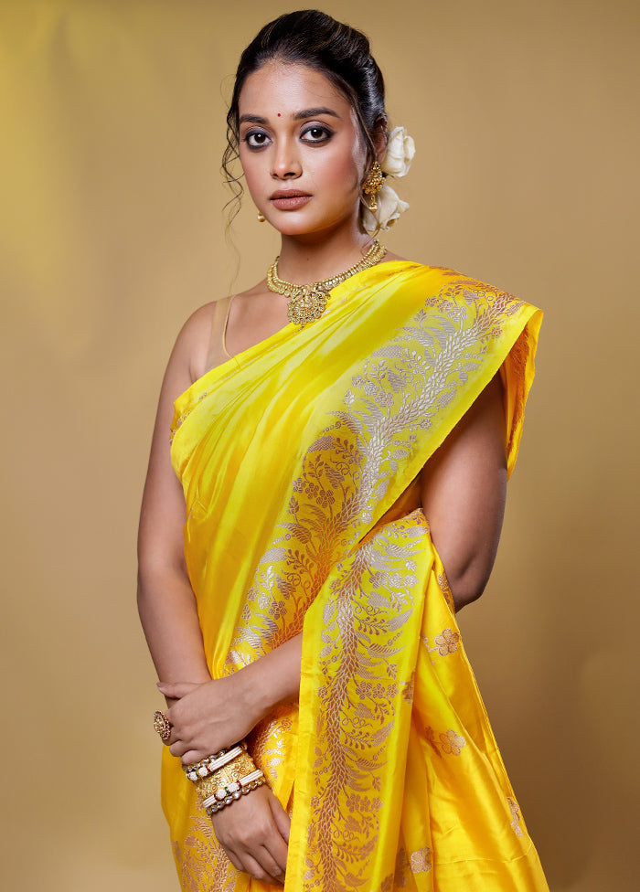 Yellow Handloom Katan Pure Silk Saree With Blouse Piece