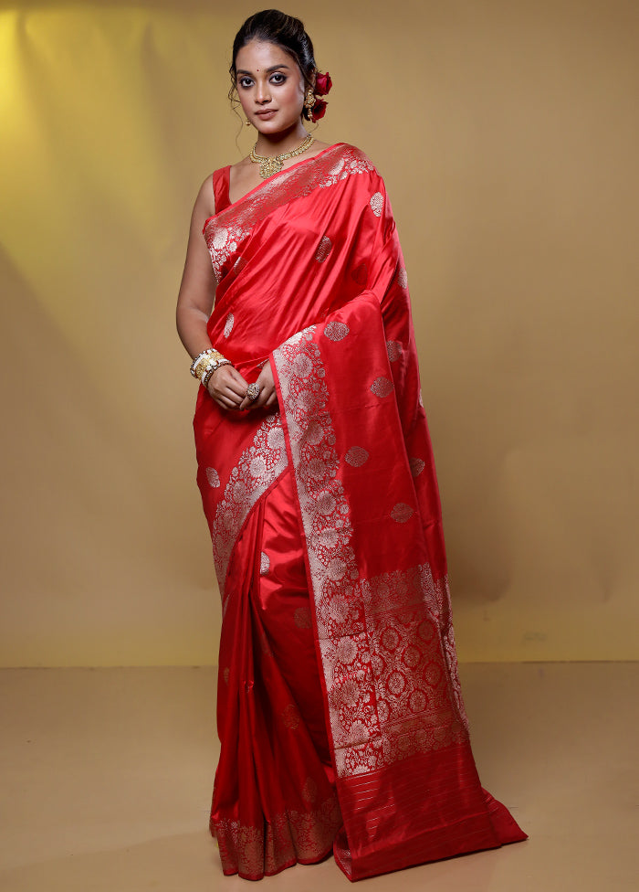 Red Handloom Katan Pure Silk Saree With Blouse Piece