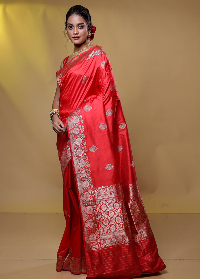 Red Handloom Katan Pure Silk Saree With Blouse Piece