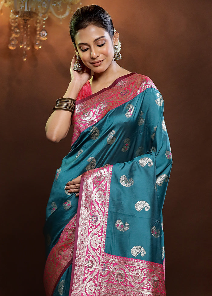 Blue Dupion Silk Saree With Blouse Piece