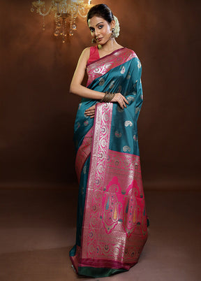 Blue Dupion Silk Saree With Blouse Piece