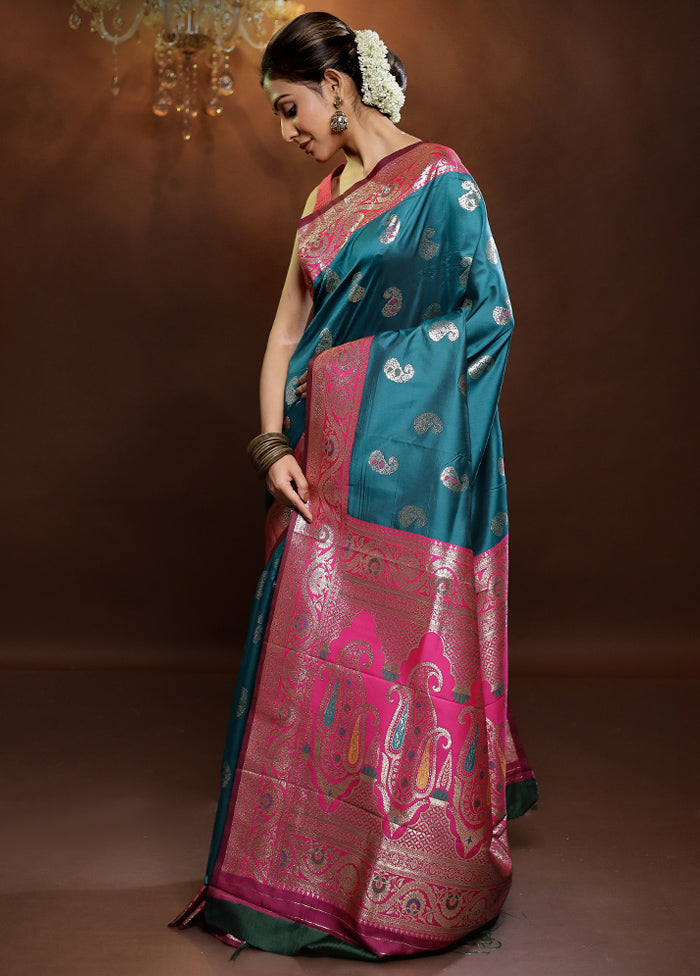 Blue Dupion Silk Saree With Blouse Piece